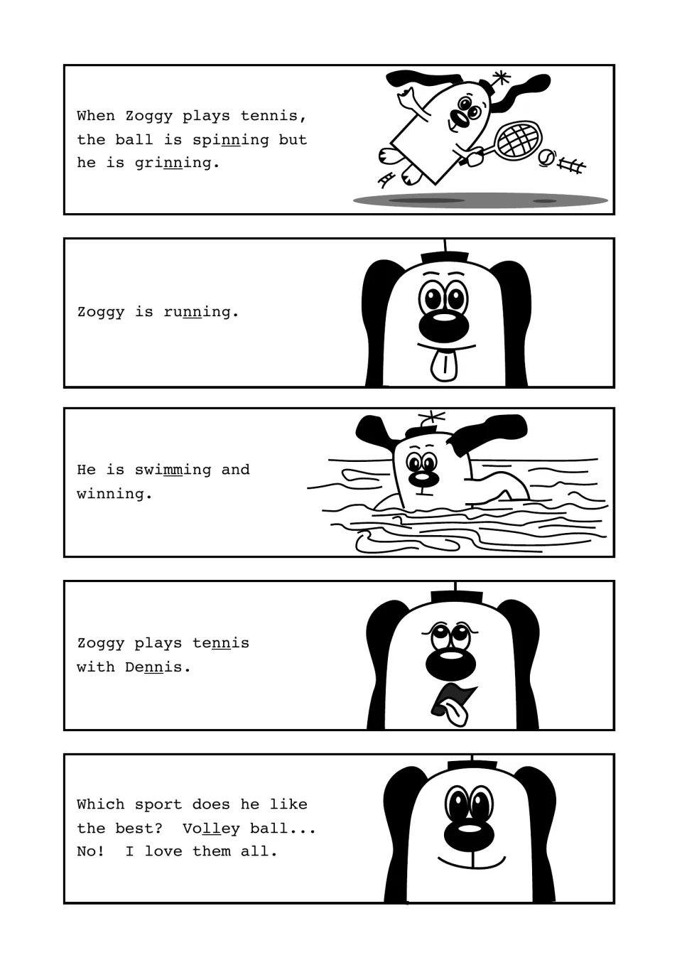 Comic strip of Zoggy playing sports, with double letters underlined in spinning, grinning, running, swimming and tennis