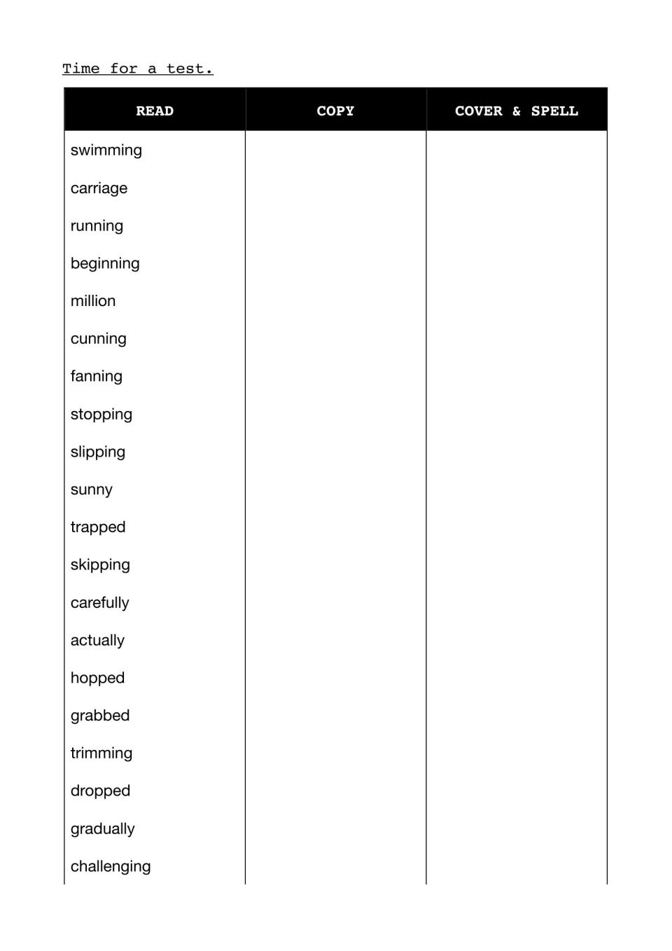 Spelling test: students read, copy, then cover and spell 20 words such as swimming, beginning, stopping and trapped
