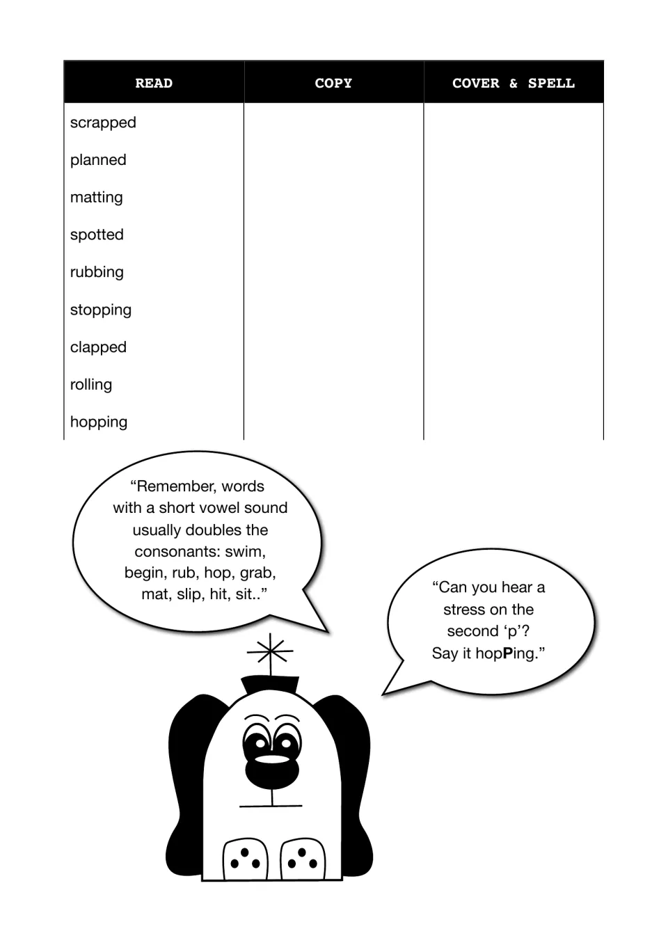 Spelling test part 2: students read, copy, cover and spell nine words like scrapped, planned and hopping