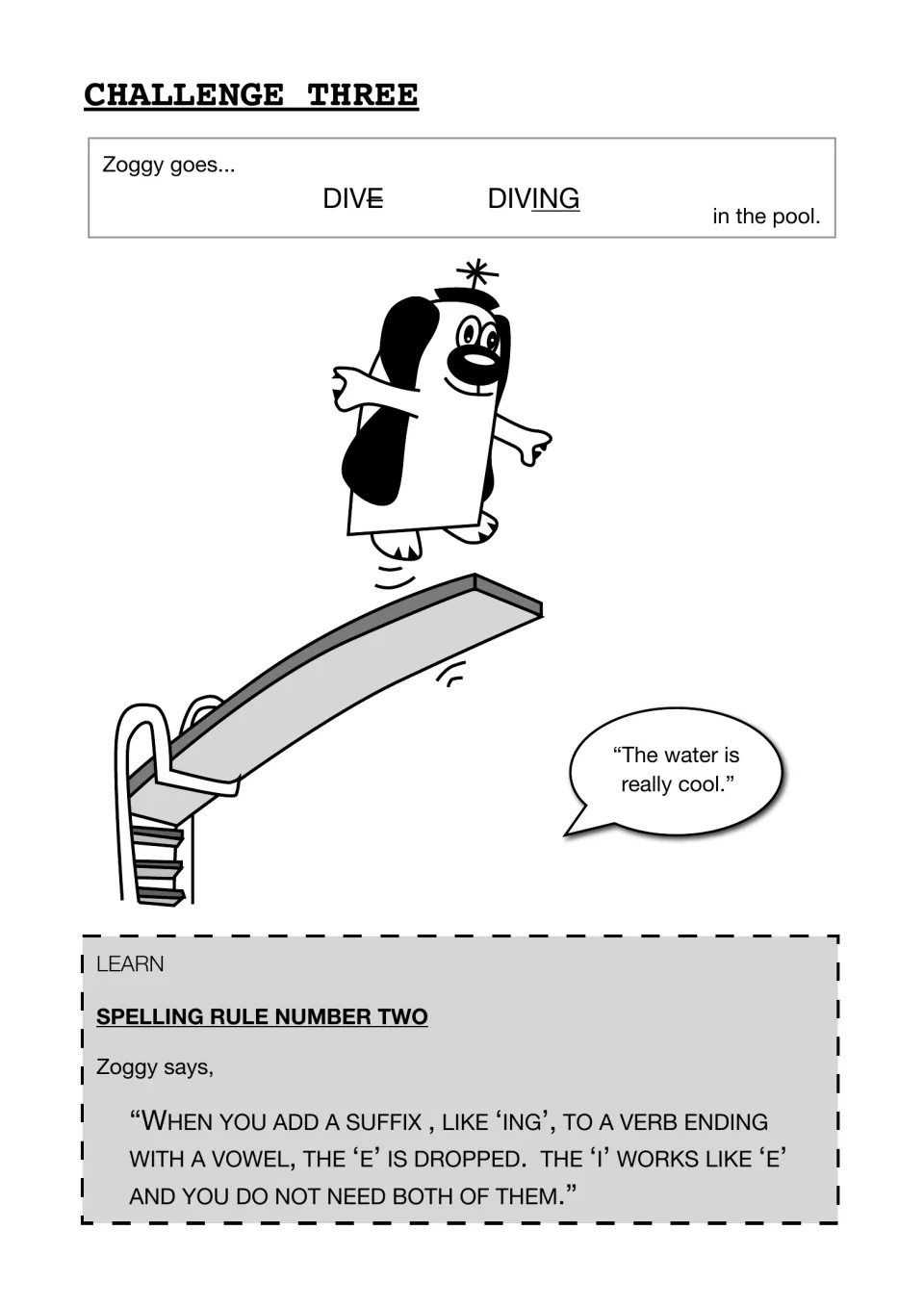 Drop-e spelling rule: Zoggy dives off a board as dive becomes diving, with Spelling Rule Number Two explained below