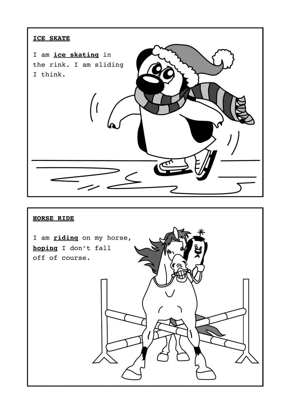 Drop-e words in rhymes: Zoggy ice skating and sliding at a rink, then riding a horse and hoping not to fall off