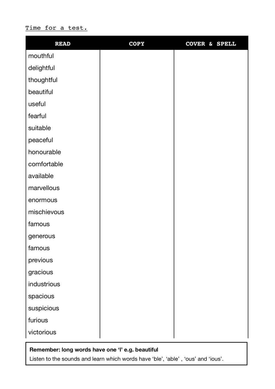 Suffix spelling test: read, copy, cover and spell words ending in ful, able, ous and ious, from mouthful to victorious
