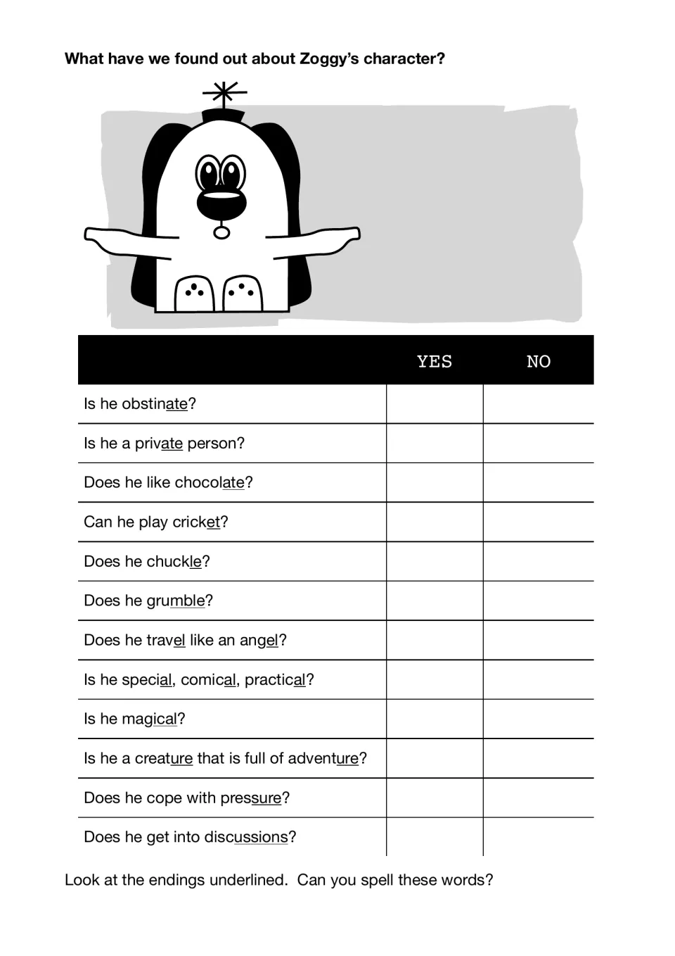 Zoggy's character quiz: students answer yes/no questions and spell underlined ate, le, al and ure endings