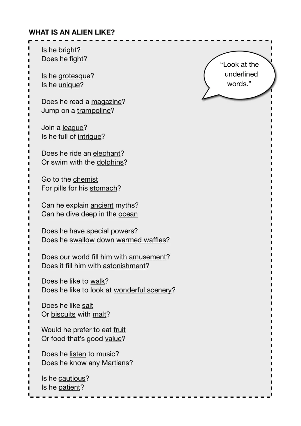 What is an alien like? Students study underlined tricky words such as grotesque, league, chemist and cautious