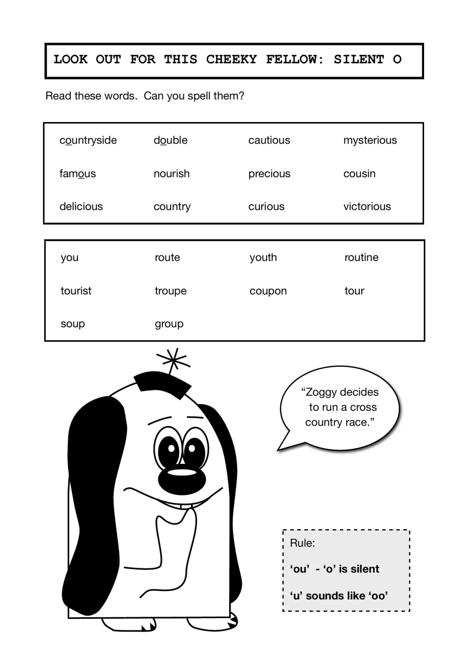 Silent o in 'ou' words: students read and spell 22 words such as famous, cousin, soup and tourist, guided by the 'ou' rule