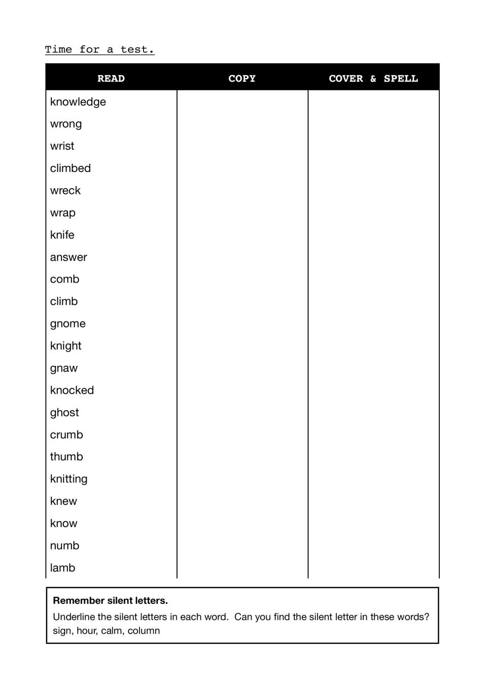 Silent letters test: students read, copy, cover and spell 22 words like knight and thumb, then underline each silent letter