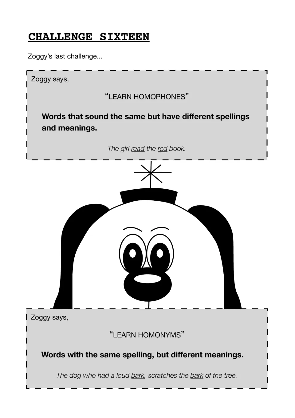 Homophones vs homonyms: Zoggy defines each, with examples 'read the red book' and a dog's bark vs tree bark