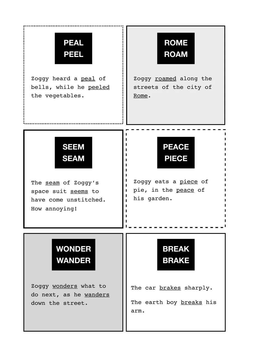 Sound-alike word pairs peal/peel, Rome/roam, seem/seam, peace/piece, wonder/wander, break/brake in Zoggy sentences