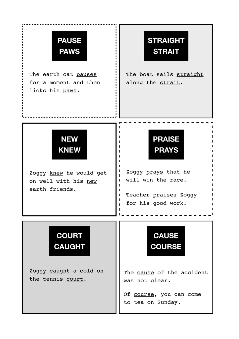 Homophone cards for pause/paws, straight/strait, new/knew, praise/prays, court/caught, cause/course with model sentences