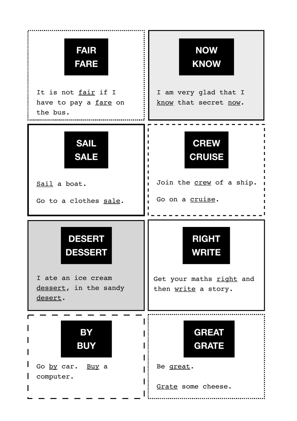 Eight homophone pairs including fair/fare, sail/sale, desert/dessert, right/write, by/buy, great/grate, each in a sentence