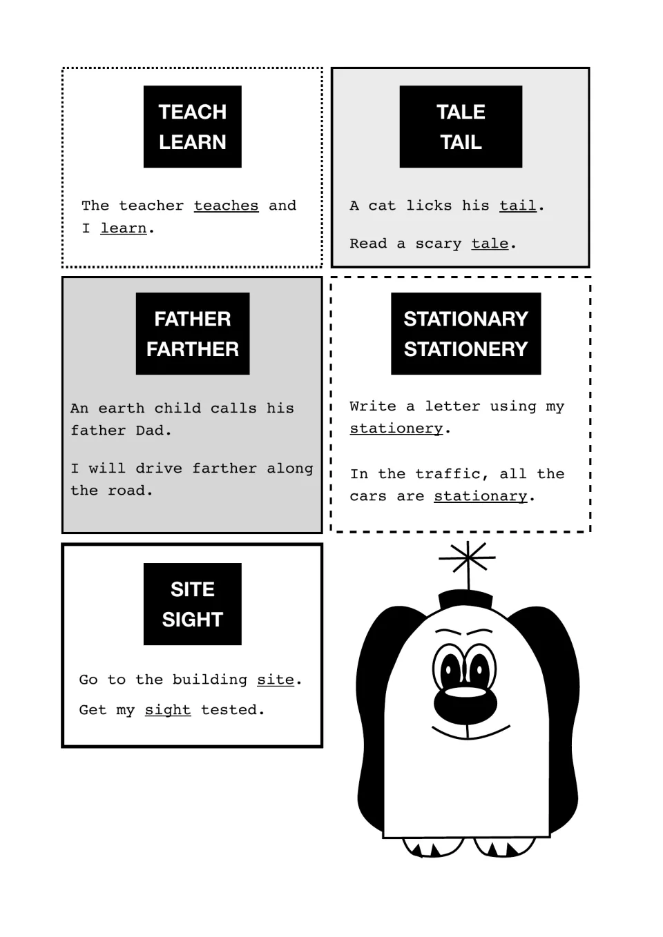 Word pairs teach/learn, tale/tail, father/farther, stationary/stationery and site/sight, each with example sentences