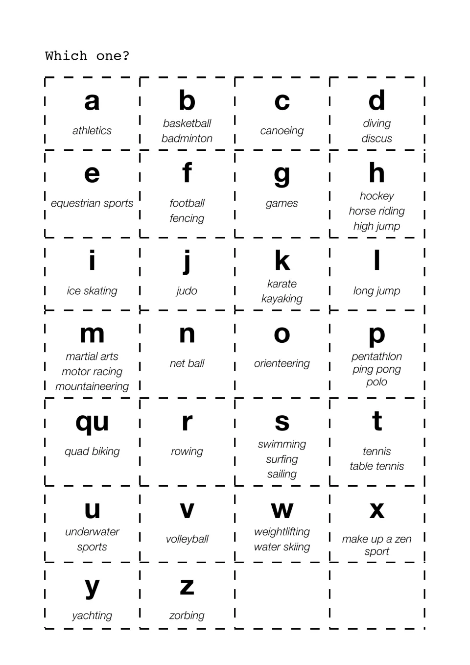 Which one? alphabet cards a to z, each initial sound paired with sports such as athletics, judo, karate and zorbing