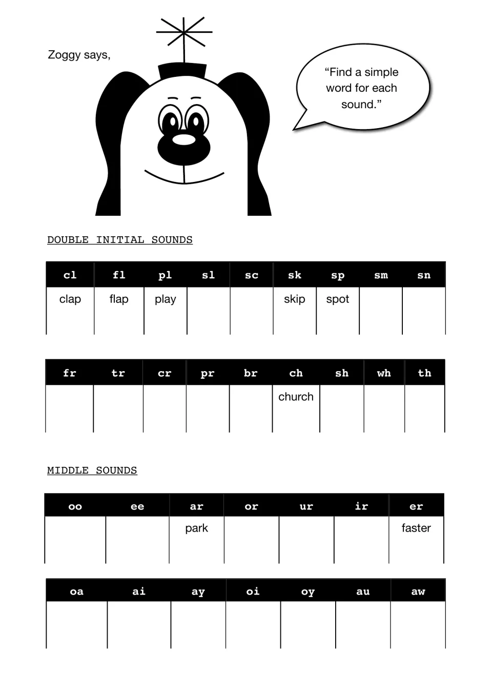 Double initial sounds (cl, fr, ch, th) and middle sounds (oo, ar, oa, aw): students write a simple word for each sound