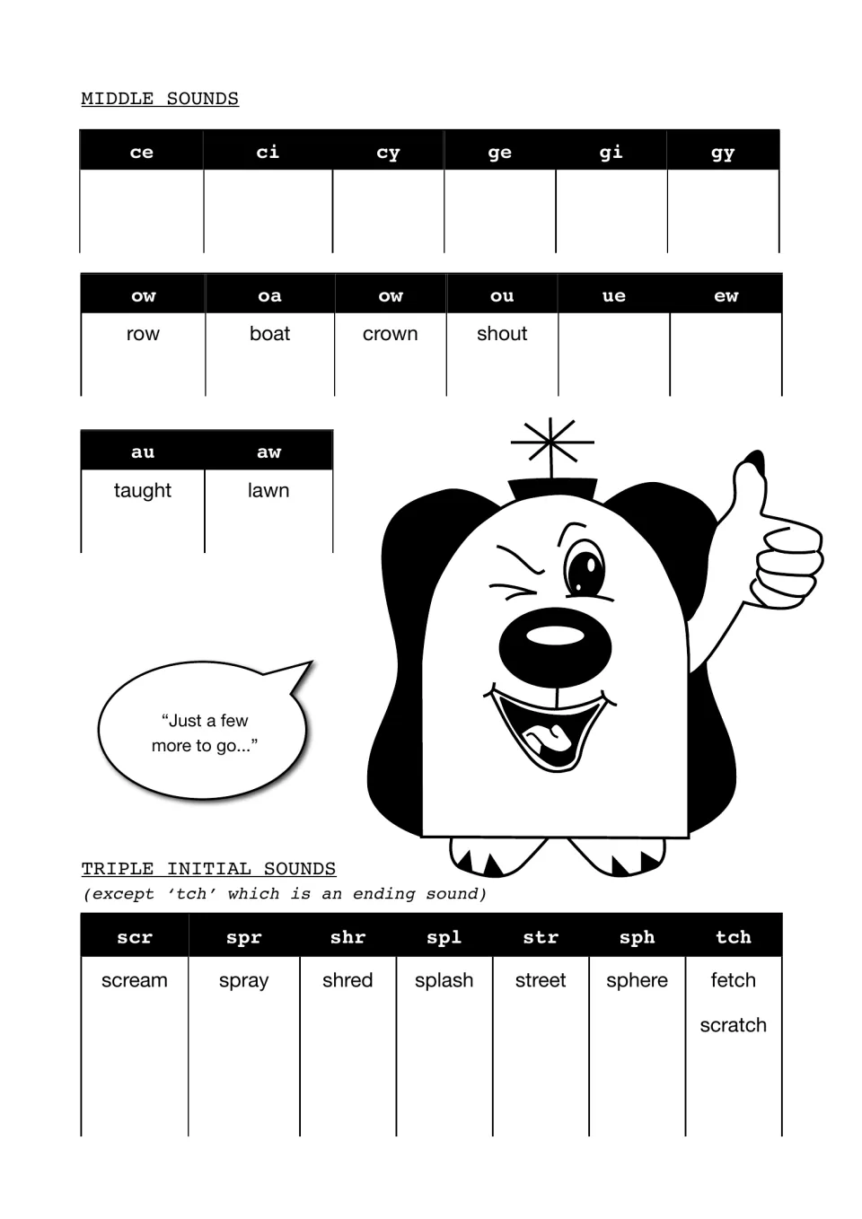 Middle sounds ce, gi, ow, ue, ew and triple initial sounds scr, spr, str plus ending tch: students add a word for each
