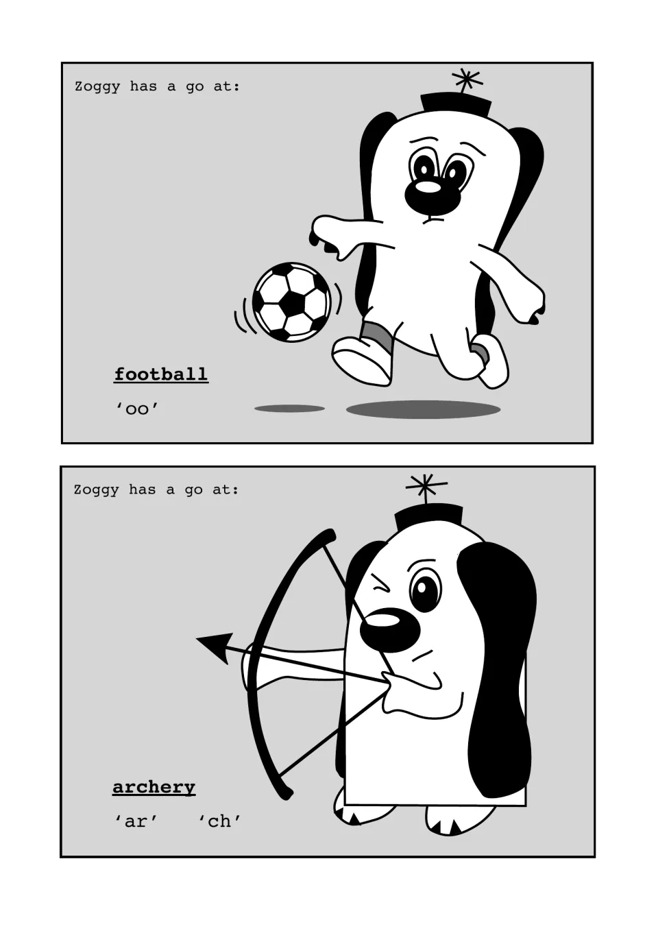 Zoggy has a go at football and archery: cartoon scenes highlighting the oo sound and the ar and ch sounds in each sport