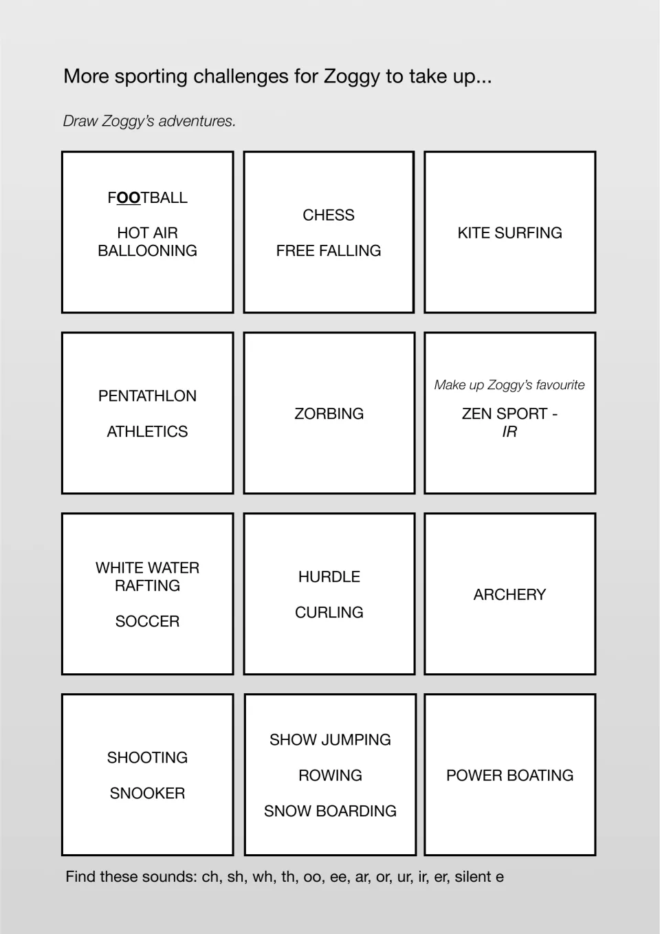 More sporting challenges: students draw Zoggy's adventures for sports like chess and curling, then find ch, sh, ur sounds