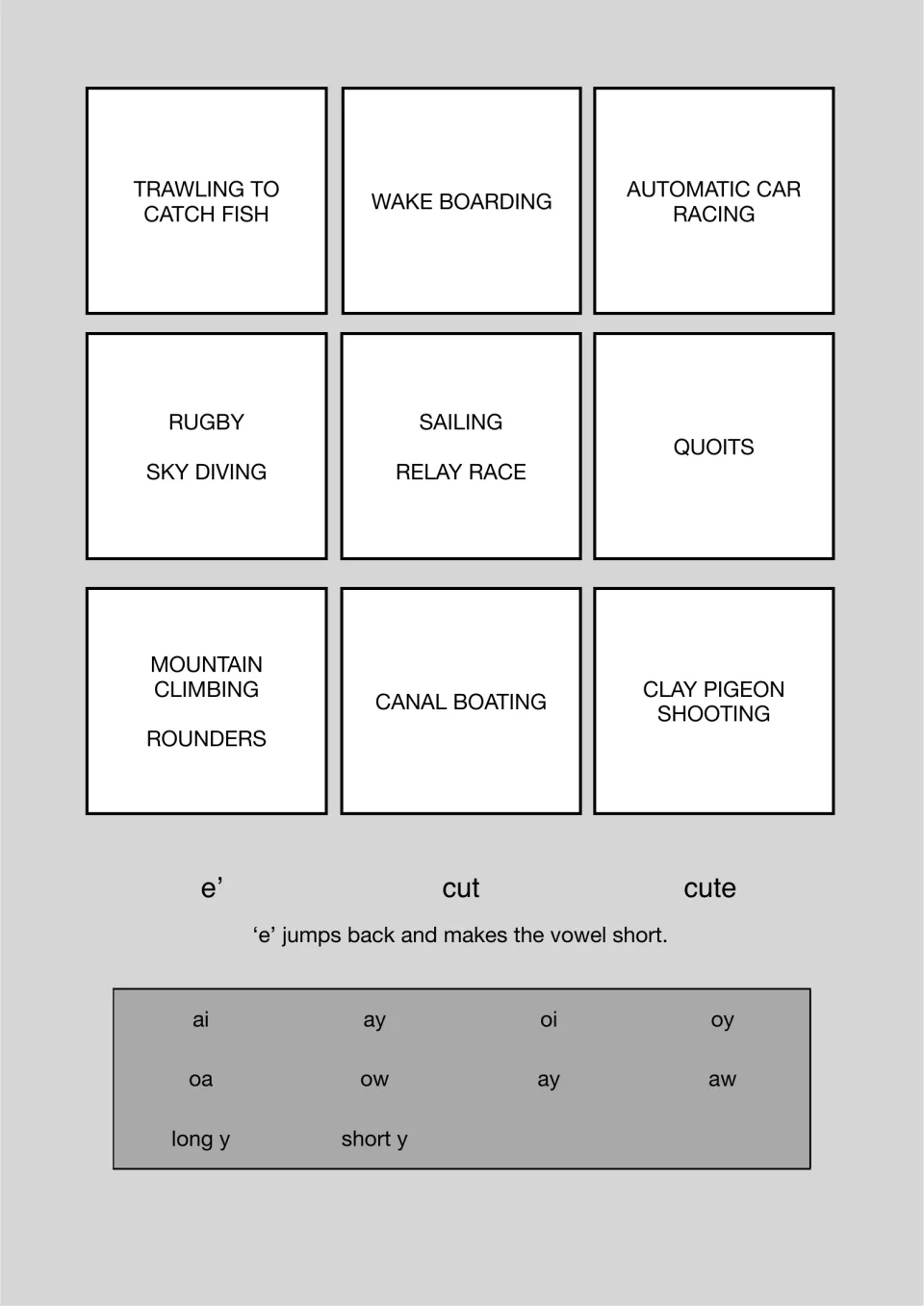 Sport drawing prompts such as rugby, quoits and canal boating, a cut/cute silent e example and a list of ai, oy, aw, long y