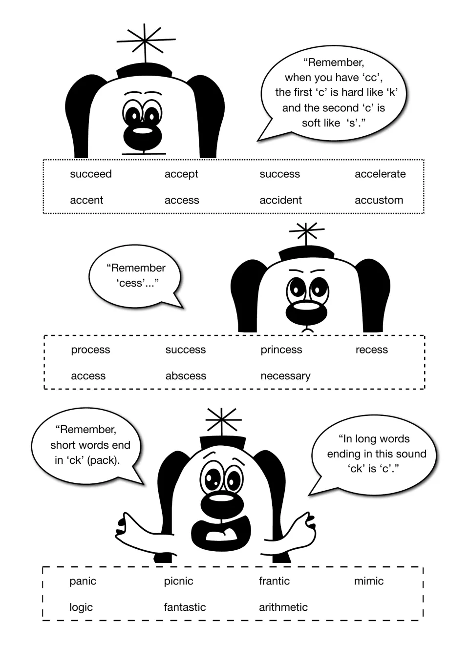 Double c, 'cess' and final c word banks: Zoggy explains hard then soft c in cc; words include accept, princess and logic