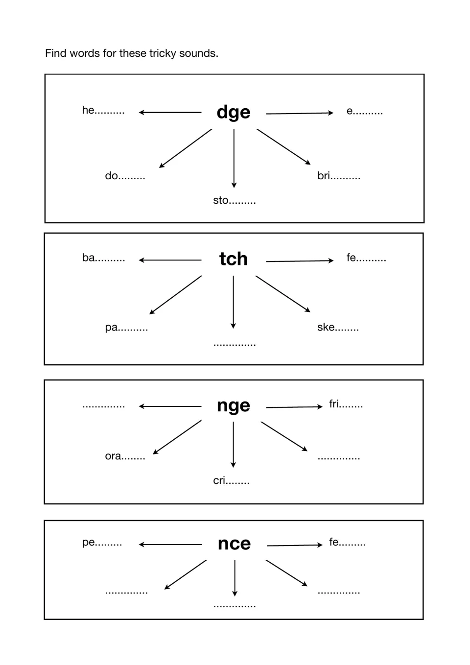 Tricky sounds dge, tch, nge and nce: students complete words such as he-, bri-, ba-, ora- and pe- and add their own