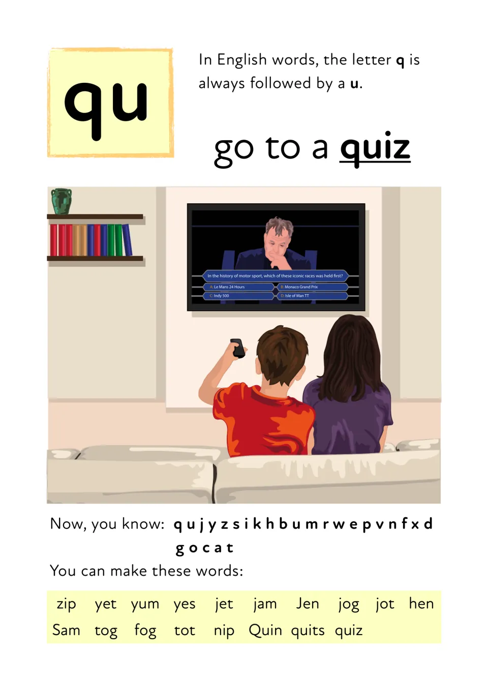 The qu sound: q is always followed by u; students read go to a quiz by a TV quiz scene and words Quin, quits, quiz