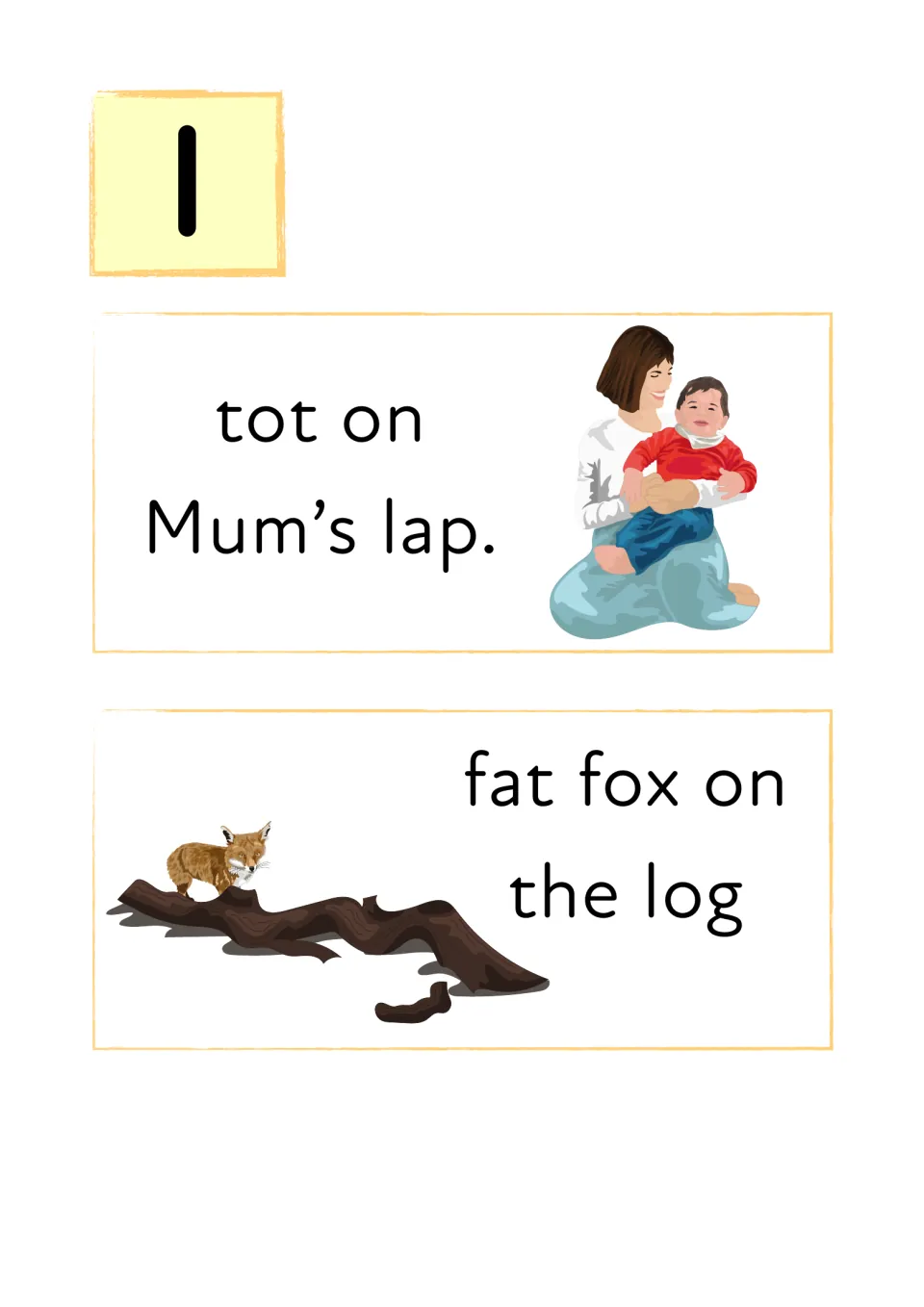Letter l with picture phrases to read aloud: tot on Mum's lap, shown with a mother and baby, and fat fox on the log