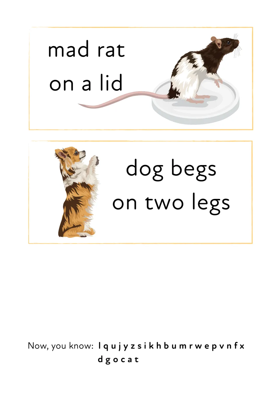 More l phrases to read with pictures: mad rat on a lid and dog begs on two legs, then a recap of all letters known