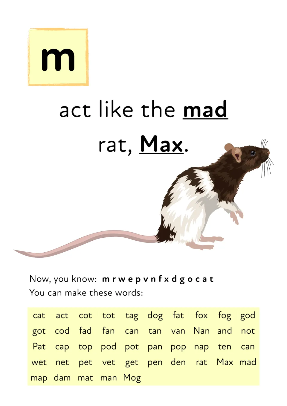 Letter m: students read 'act like the mad rat, Max.' and blend a word list adding m words like map, dam, mat and man