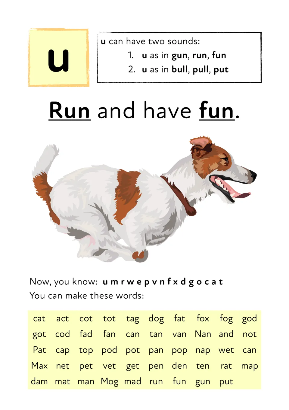 Letter u: students learn two u sounds (gun, run, fun; bull, pull, put), read 'Run and have fun.' and new words like gun