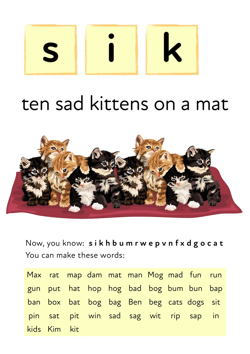 Letters s, i and k: students read the phrase ten sad kittens on a mat, then blend words like sit, pin, win, kids and kit