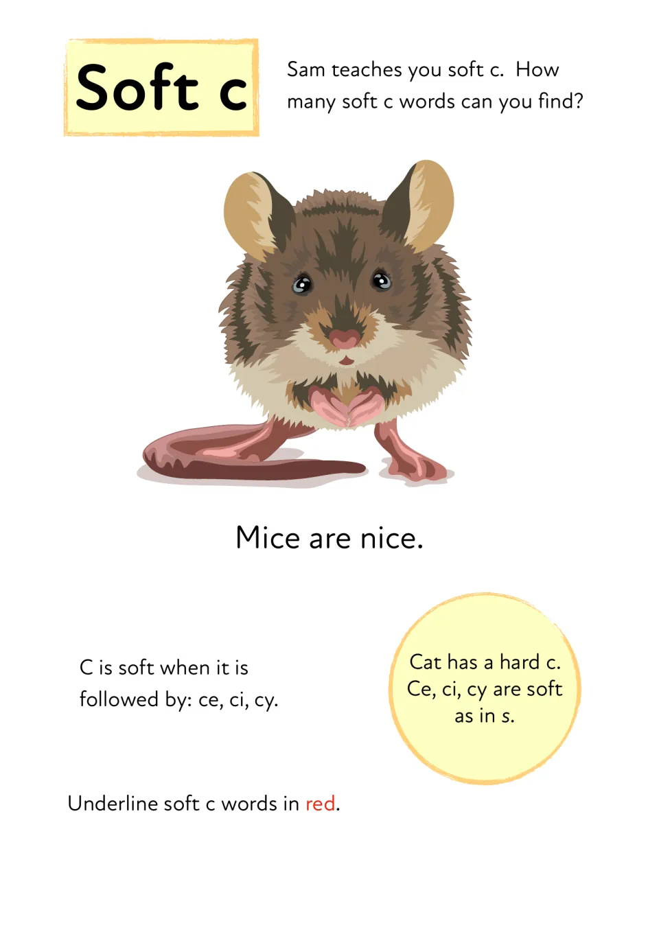Soft c rule: c sounds like s before e, i or y, as in 'Mice are nice'; students find these words and underline them in red