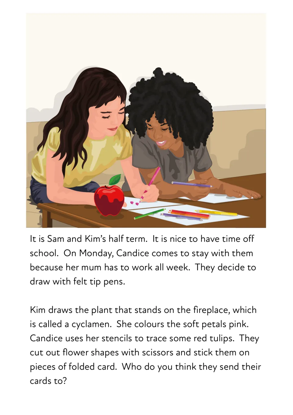 Story reading with soft c words: Kim and Candice draw a cyclamen and tulips, then cut out flowers to make folded cards