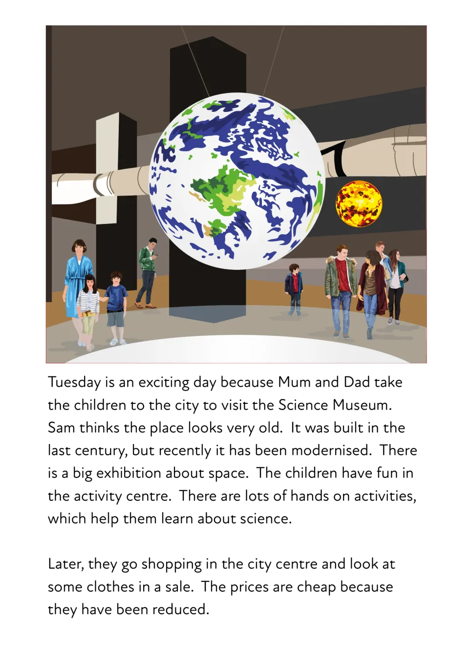 Story reading: the family visits the Science Museum exhibition, then shops in the city centre where prices are reduced