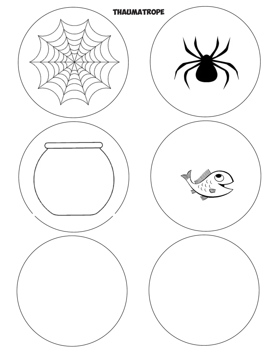 Thaumatrope circle template: spider web and spider, fishbowl and fish, plus two blank circles for a new design