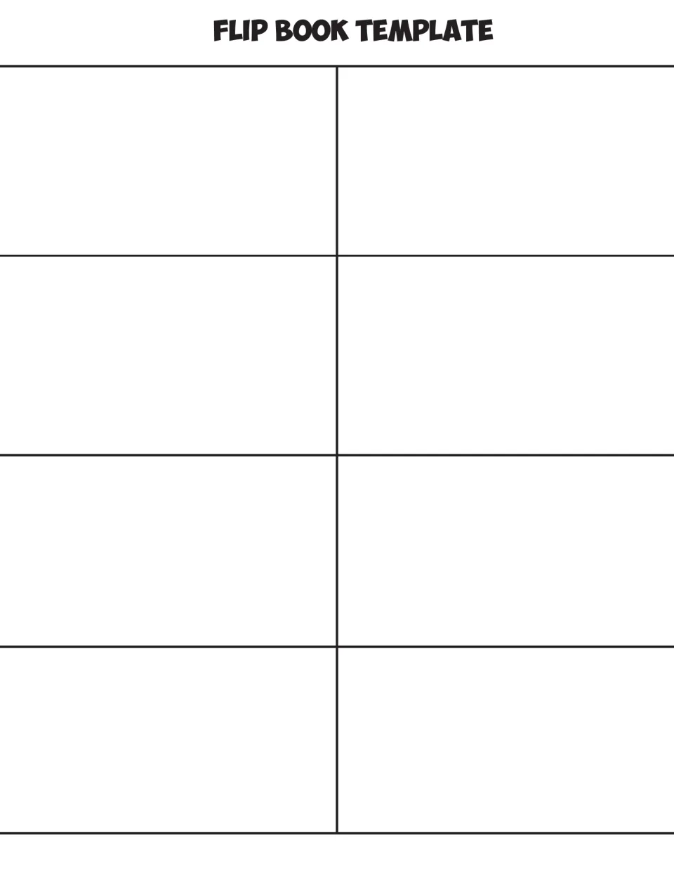 Flip book template: eight blank frames for drawing a character that moves a little in each frame