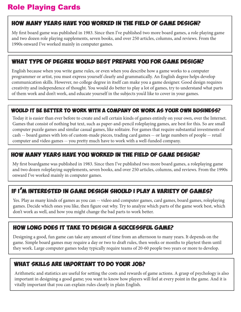 Role playing cards: game designer Allen Varney's answers on degrees, skills, game variety and design time
