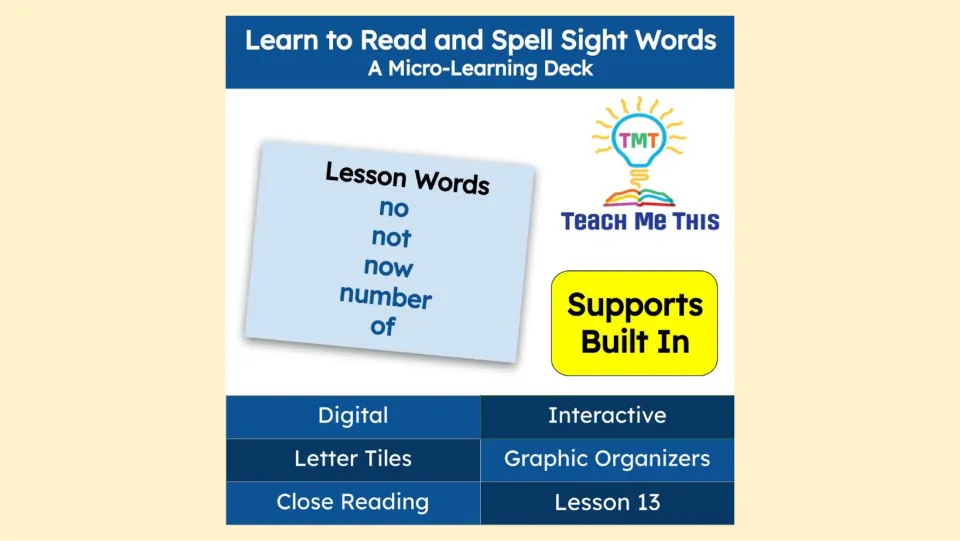 Lesson 13 cover for a digital sight-word deck teaching no, not, now, number, and of, with built-in supports