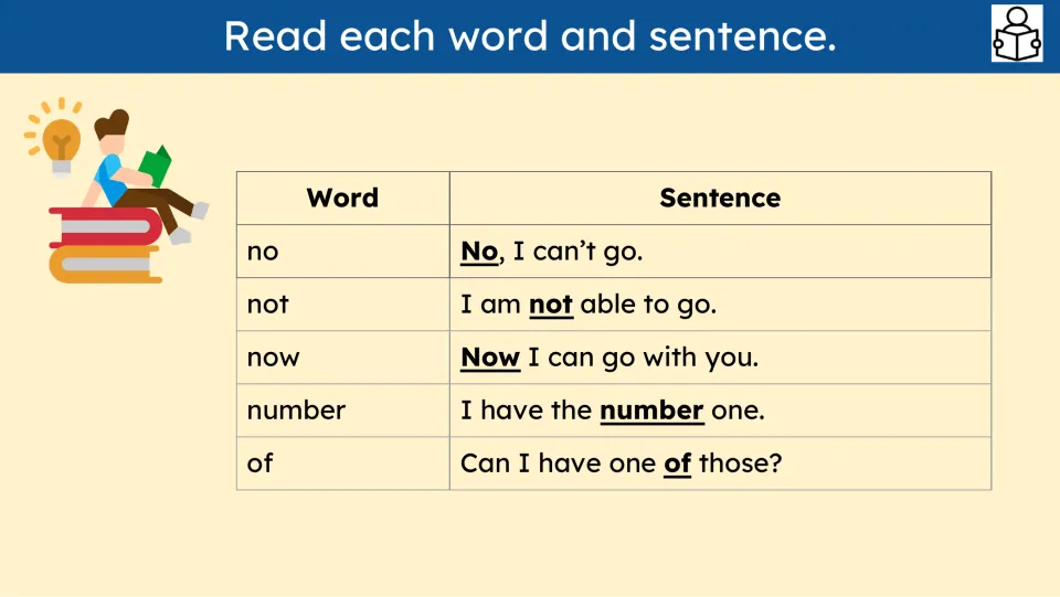 Reading practice pairs no, not, now, number, and of with sentences, including 'Now I can go with you.'