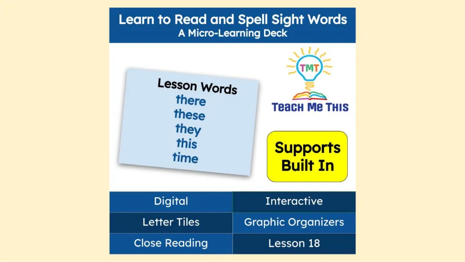 Lesson 18 cover introduces the sight words there, these, they, this, and time in a digital learning deck.