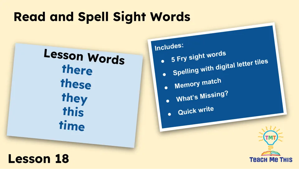 Lesson overview lists five sight words and activities including digital letter tiles, memory match, and quick write.