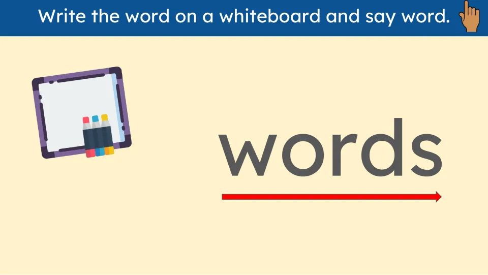 Whiteboard practice slide for the sight word “words,” directing learners to write the word and say it aloud
