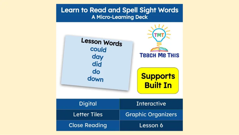 Lesson 6 cover for a digital sight-word deck teaching could, day, did, do, and down with built-in supports