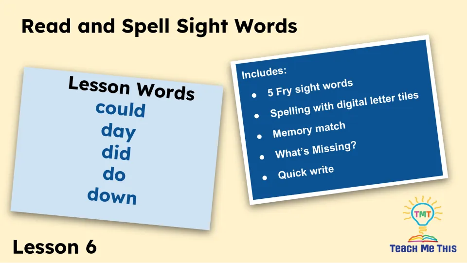 Lesson 6 overview lists could, day, did, do, and down, plus letter tiles, memory match, and quick write