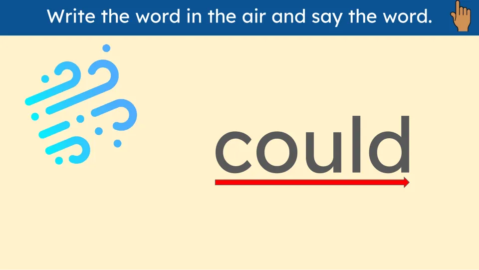 Air-writing practice slide for could asks learners to write the word in the air and say the word aloud