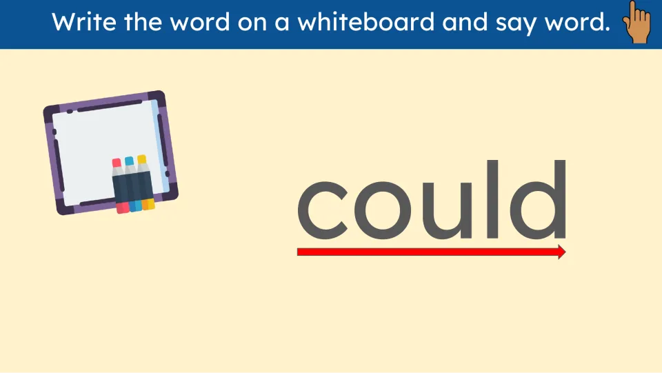 Whiteboard-writing practice slide for could asks learners to write the displayed word and say it aloud