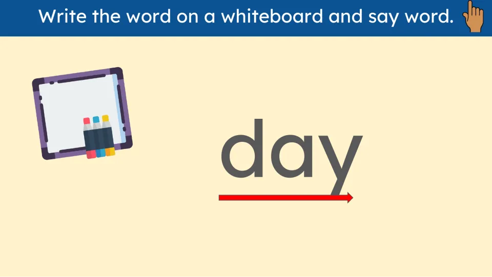 Whiteboard-writing practice slide for day asks learners to write the displayed word and say it aloud