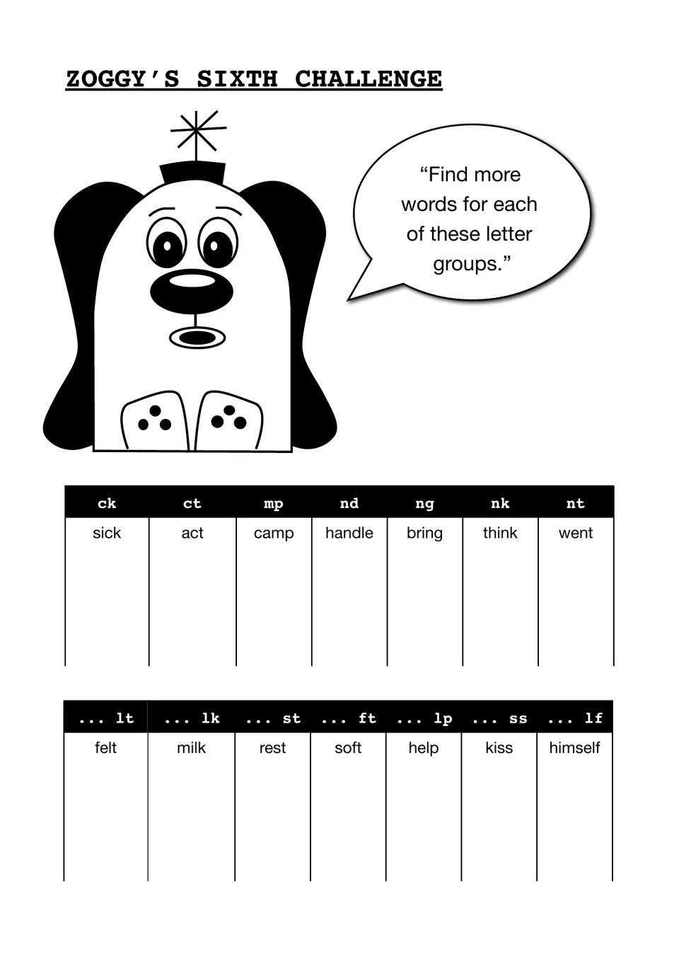 Zoggy's Sixth Challenge: students add more words under 14 letter groups such as ck, nd, ng, nk, lt, st and lf
