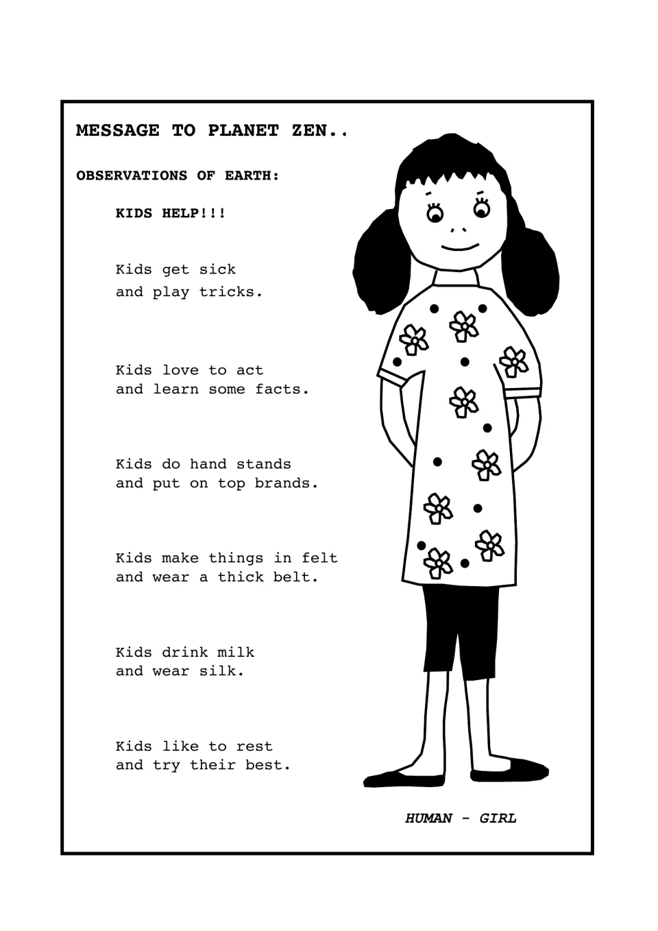 Message to Planet Zen: students read a rhyme about Earth kids with blend words like tricks, facts, brands, belt and silk