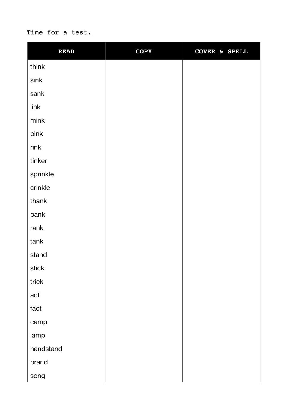 Spelling test list: students read, copy, then cover and spell 24 words such as think, sprinkle, crinkle, stick and brand