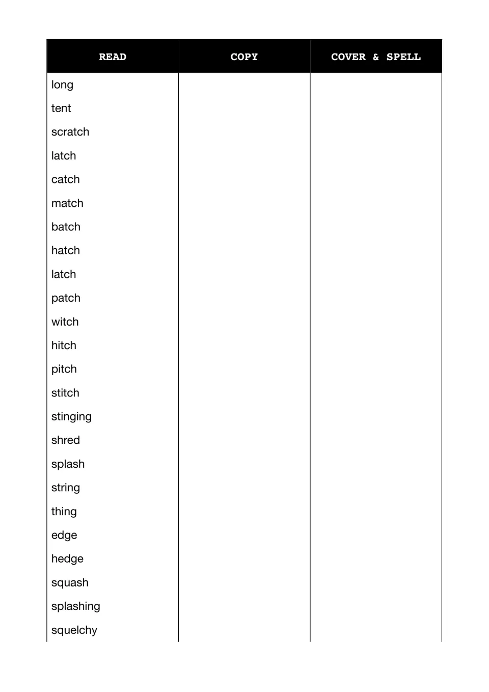 Test continued: students read, copy, cover and spell 24 words like scratch, stitch, string, hedge and squelchy