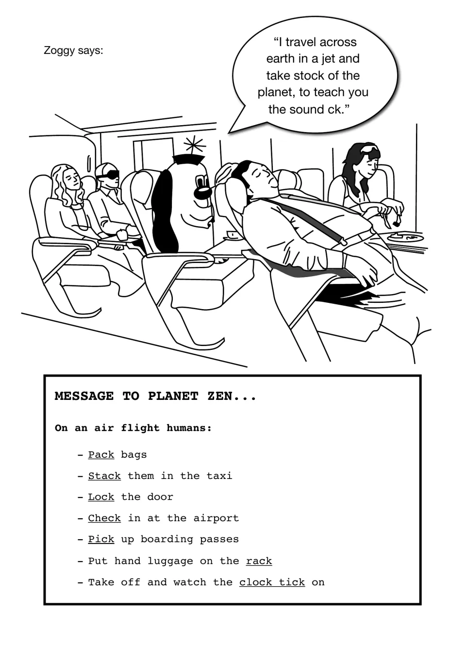 ck sound story: Zoggy on a jet lists air travel steps with ck words underlined, pack, stack, lock, check and clock